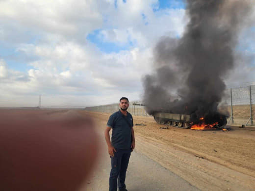 Burning an occupation military tank east of Khan Yunis.