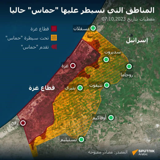 #Urgent - The Russian Sputnik agency publishes a map showing the areas controlled by Hamas and the areas where clashes a