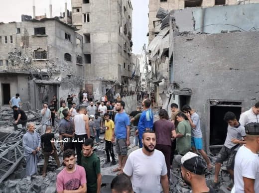 "An entire neighborhood in the Beach camp, west of Gaza, was destroyed as a result of intense Israeli raids."