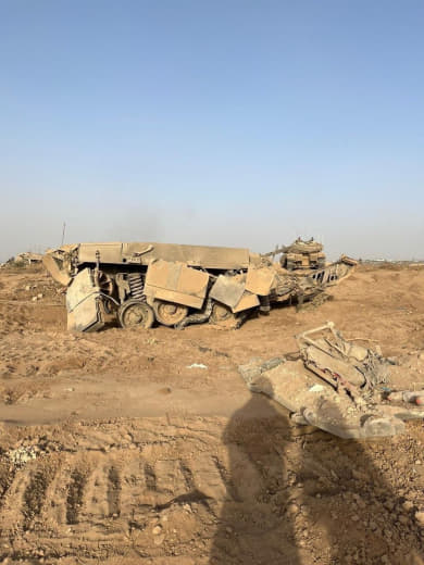 Remnants of an occupation army tank destroyed during clashes in the northern Gaza Strip.