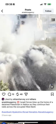 Posted 2 December 2025 on Instagram | Israeli forces blow up the home of a detained Palestinian in Nablus as they contin