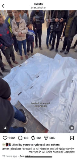 same day, massacre of Al-Nander and Al-Najar family martyrs in Al-Shifa Medical Complex. link: