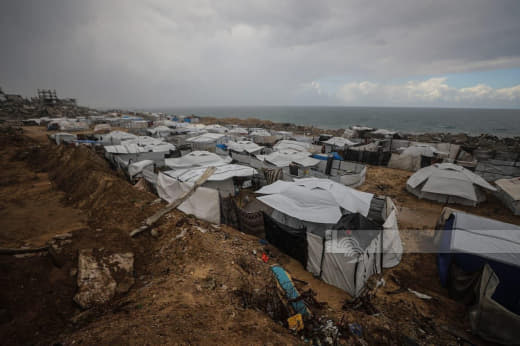 Harsh conditions that displaced people live in temporary tents that do not save them from the cold of winter and heavy r