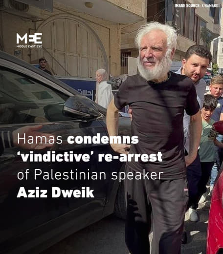 Hamas issued a statement Thursday “strongly condemning” the re-arrest of Aziz Dweik, the speaker of the Palestinian Legi
