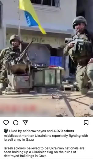Ukranians are fighting with the israeli army. They took photo of Ukranian flag over destroyed Gaza home.
