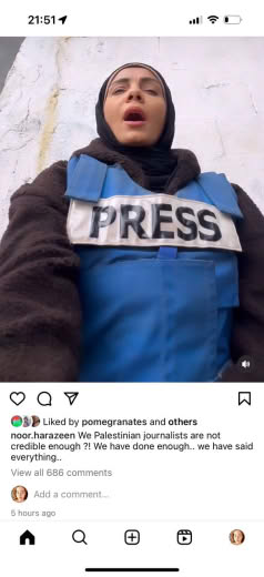 Posted 15 March 2024 .harazeen on Instagram | We Palestinian journalists are not credible enough ?! We have done enough.