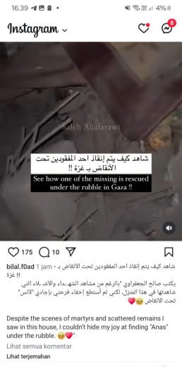 Source : Bilal Foad, Gazan Journalist instagram account Location : Gaza Date of incident : 05 10 2024