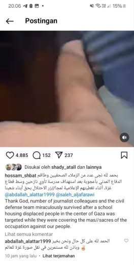 Source : Hossam Shabat, Gazan journalist instagram account Date : 06 10 2024 Location : School For refugee camp, Center 