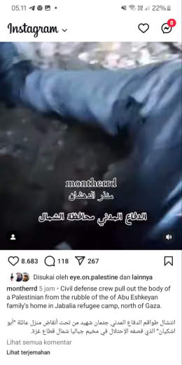 Location : Jabalia Refugee Camp Date : 08 10 2024 Source : Monthern, a Gazan journalist IG feed