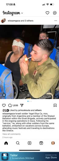 Posted 3 November 2024 on Instagram | Israeli soldier Yagel Eliya Ca, mos, originally from Argentina and a member of the