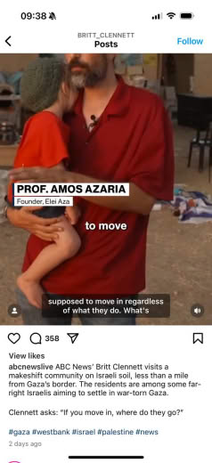 Posted 21 November 2024 on Instagram | ABC News' Britt Clennett visits a makeshift community on Israeli soil, less than 