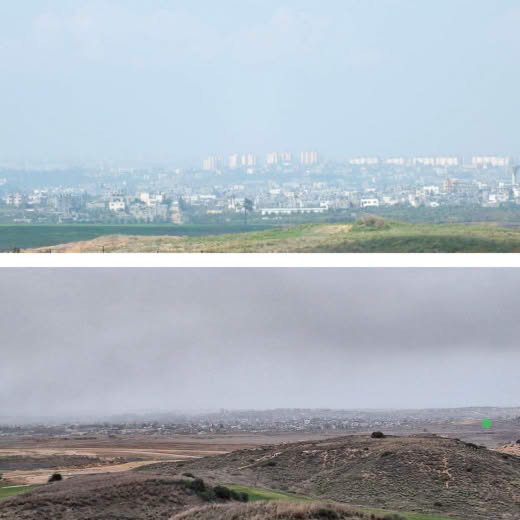 North of the Strip as seen from inside the Sderot settlement. Before and after