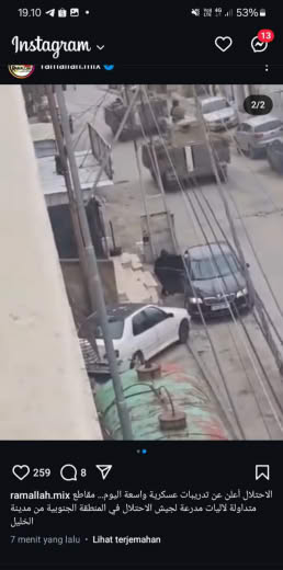 IDF announcing extensive military excercises today Their tanks appears on the way South of Hebron City Source : Ramallah