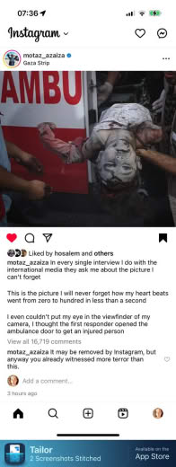 Motaz posted today, 14 February 2024, the photo he took that he will never forget. 💔 I don’t know what date this was fro