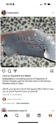 Can we add Turkey to this category? Posted 16 February 2024 on Instagram | Fragment of Turkish missile used in Shujaya c