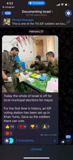 Set up a voting station for iof in khan yunis, Gaza Date posted feb 27, 2024 in Documenting Israel telegram group