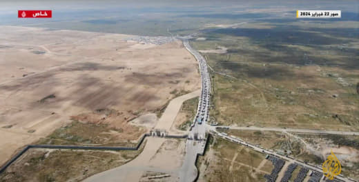 Pictures show the accumulation of trucks on the Egyptian side of the Rafah crossing in light of the famine that the peop