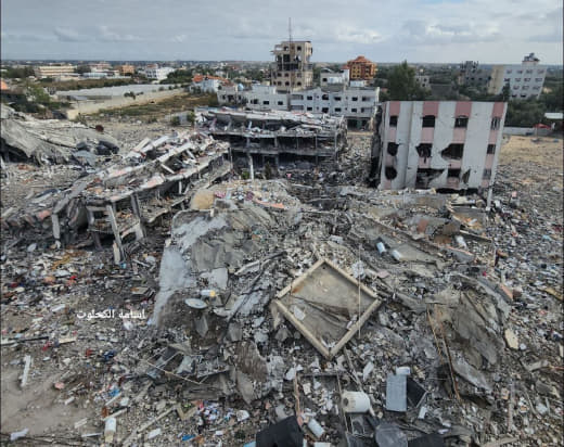 Al-Zahraa Towers in the middle of the Gaza Strip, where the occupation completely destroyed more than 30 residential tow