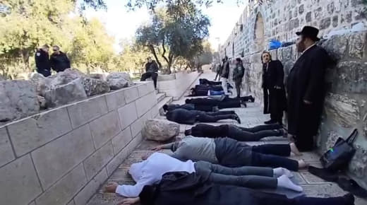 Zionist pigs lie on the ground at the doorstep of the blessed Al-Aqsa Mosque in Jerusalem, the capital of occupied Pales