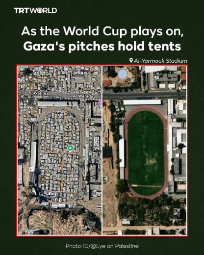 As the world cheers for the World Cup, Gaza's oldest football stadium is sheltering forcibly displaced Palestinians. Al-