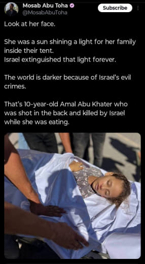 She was shot in the back by Zionists while she was eating in her tent yesterday. She was 10 years old. The collective We