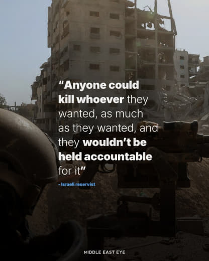 👤 middleeasteye 📝 An Israeli reservist has said that army officers treat Gaza’s entire population of two million Palesti