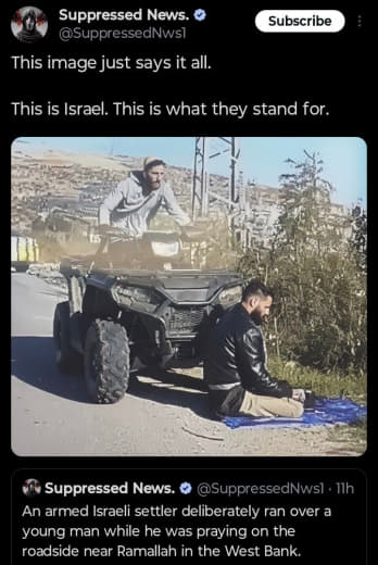 An armed 🖕🏼🇮🇱 settler deliberately ran over a young man while he was praying on the roadside near Ramallah in the West B