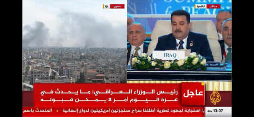 As Arab and world leaders attend the #CairoPeaceSummit , Israel continues to drop missiles on Gaza from the air.