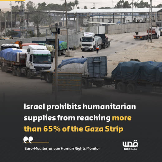 Euro-Mediterranean Human Rights Monitor: Israel prohibits humanitarian supplies from reaching more than 65% of the Gaza 