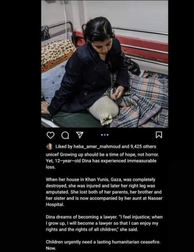 UNICIF published a story today about Donia Abu Mohsen and her dreams to become a lawyer. Donia was killed last night in 