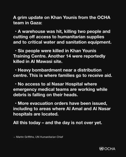 UN aid chief Martin Griffiths says Israeli strikes hit a warehouse in Khan Yunis, killing two individuals and cutting of