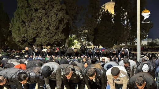 Thousands of worshippers perform the evening and Taraweeh prayers in Al-Aqsa Mosque, despite the restrictions and obstac