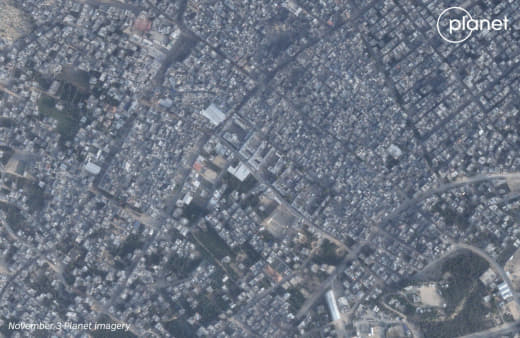 Satellite images showing the extent of the destruction in Jabalia before and after the Israeli army's incursion.